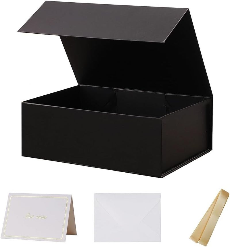 UoeRing 1 Pcs Black Gift Box,11.5x8x4 Magnetic Gift Box for Presents with Lids Rectangle Collapsible for Bridesmaid Proposal Box,Wedding,Christmas,Birthday Gift Packging with Ribbon Card Envelope - Image 1